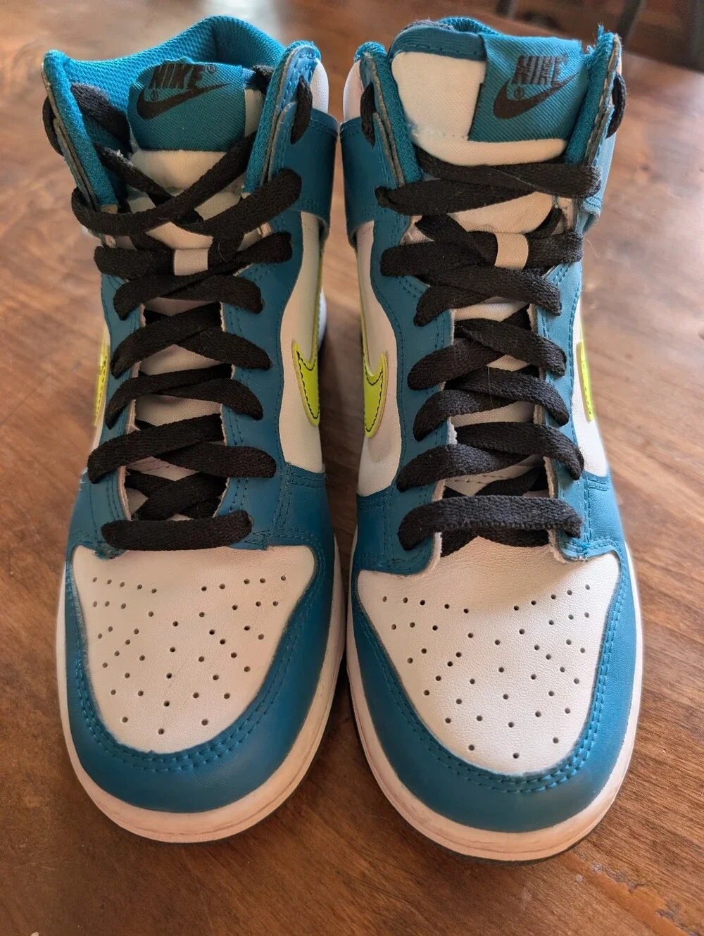 New Nike Kids Teal, White and Neon Yellow High-Top Sneakers